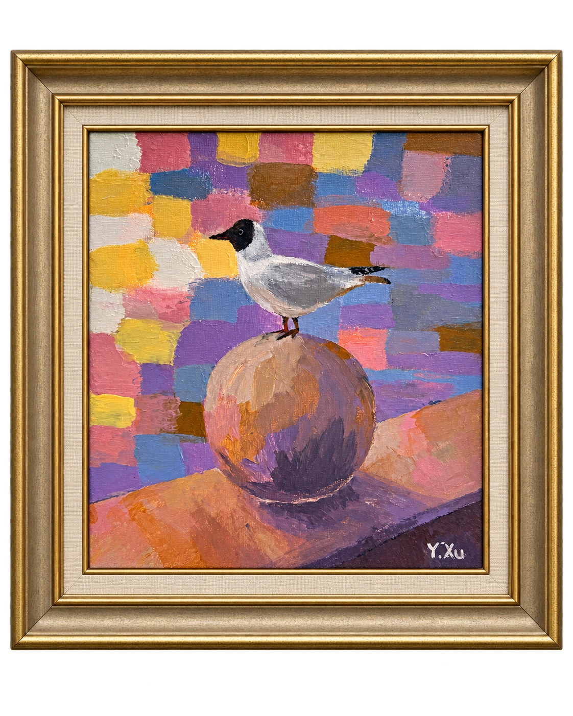 A Splash of the City — framed painting of a black-headed gull on a stone post
